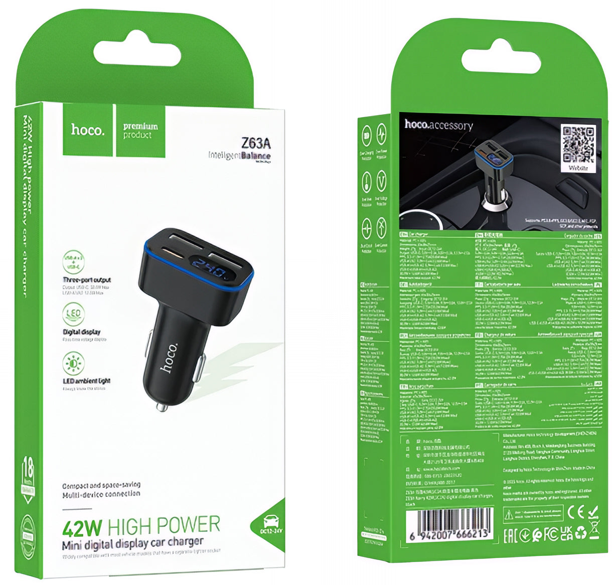 HOCO Z63A Display Car Charger, 42W, 3A, 1 x USB-C - 2 x USB-A, Black