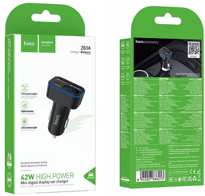 HOCO Z63A Display Car Charger, 42W, 3A, 1 x USB-C - 2 x USB-A, Black