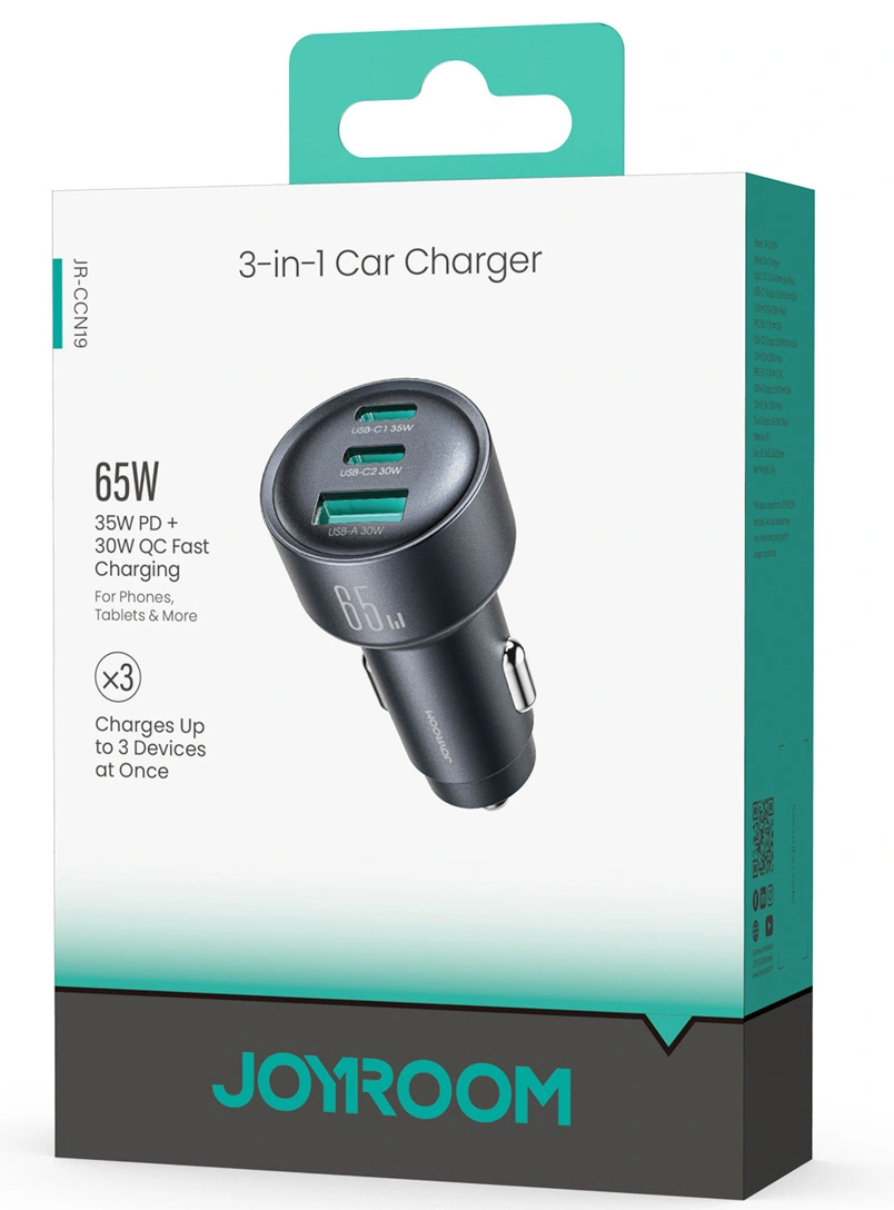 Joyroom JR-CCN19 Car Charger, 65W, 1 x USB-A - 2 x USB-C, Gray