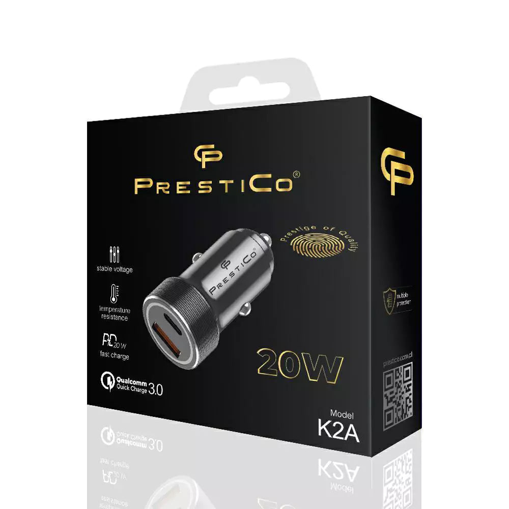 Φορτιστής Αυτοκινήτου Prestico K2A, 20W, 3A, 1 x USB-A - 1 x USB-C, Μαύρο