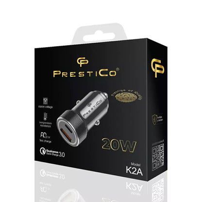 Φορτιστής Αυτοκινήτου Prestico K2A, 20W, 3A, 1 x USB-A - 1 x USB-C, Μαύρο