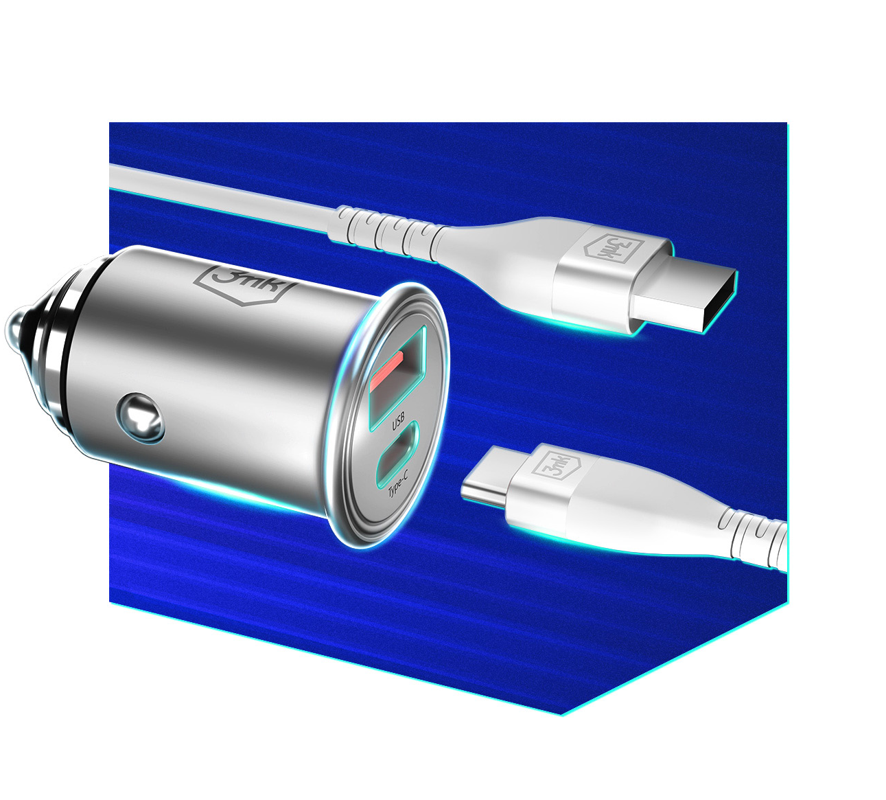 Φορτιστής αυτοκινήτου 3MK HyperCharger, 30W, 5A, 1 x USB-A - 1 x USB-C, Ασημί