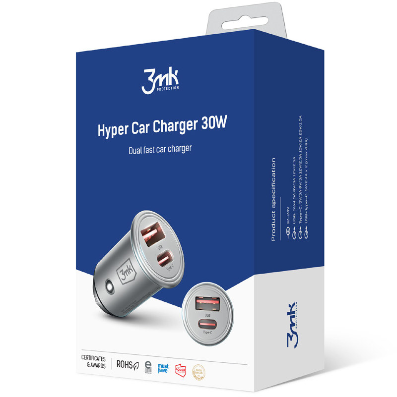 Φορτιστής αυτοκινήτου 3MK HyperCharger, 30W, 5A, 1 x USB-A - 1 x USB-C, Ασημί