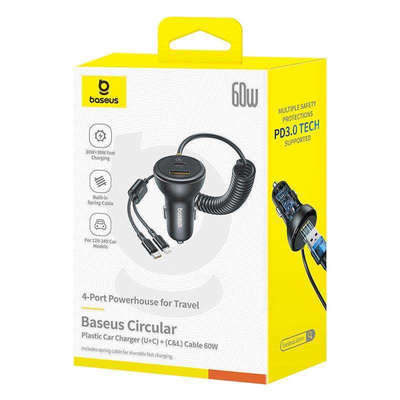 Φορτιστής Αυτοκινήτου με Καλώδιο USB-C / Lightning Baseus Circular, 60W, 3A, 1 x USB-A - 1 x USB-C, Μαύρο C00035902121-00