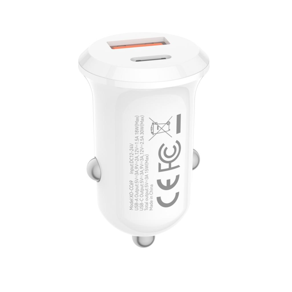 Φορτιστής Αυτοκινήτου XO Design CC69, 30W, 3A, 1 x USB-A - 1 x USB-C, Λευκό