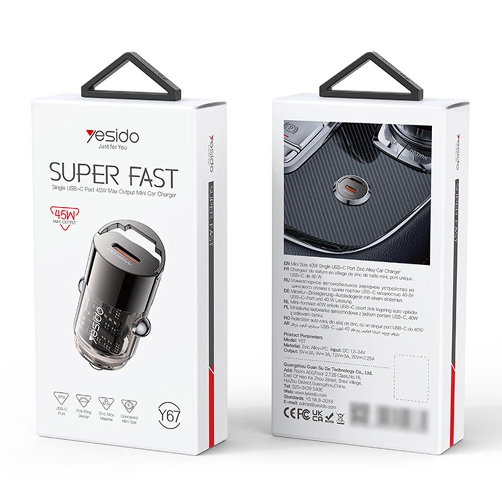 Φορτιστής Αυτοκινήτου Yesido Y67, 45W, 3A, 1 x USB-C, Μαύρο