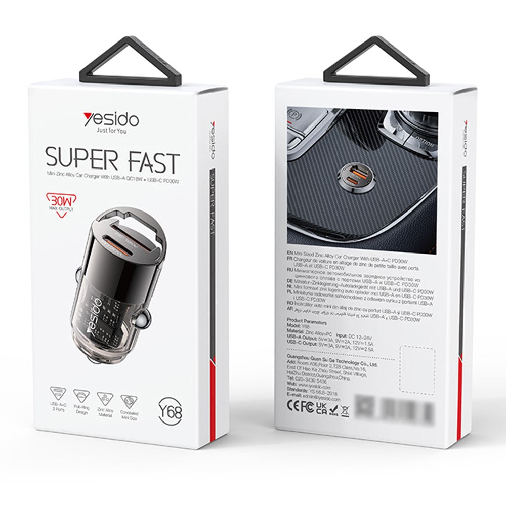 Yesido Y68 Car Charger, 30W, 3A, 1 x USB-A - 1 x USB-C, Black