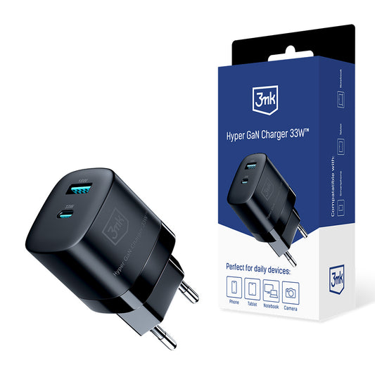 Φορτιστής δικτύου 3MK HyperCharger GaN, 33W, 3A, 1 x USB-A - 1 x USB-C, Μαύρο 