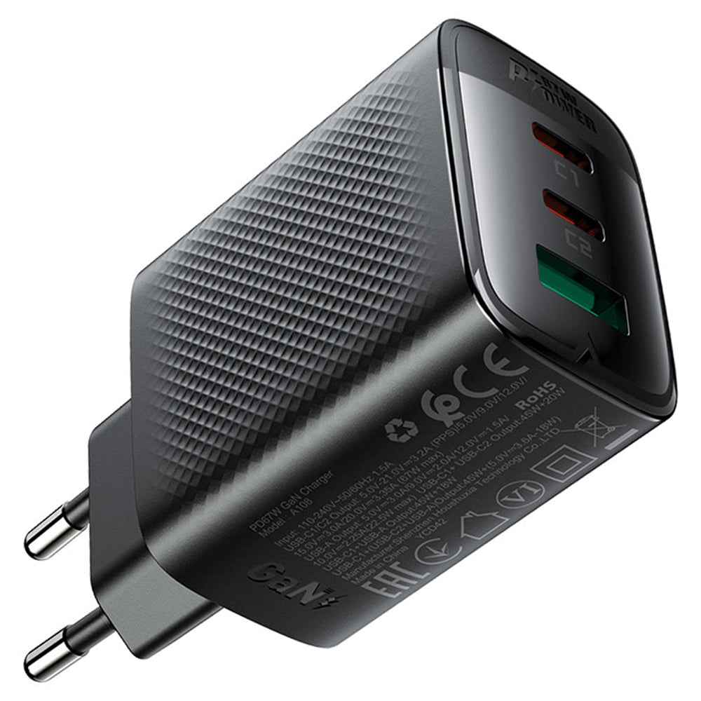 Acefast A108 Network Charger, 67W, 3A, 1 x USB-A - 2 x USB-C, Black