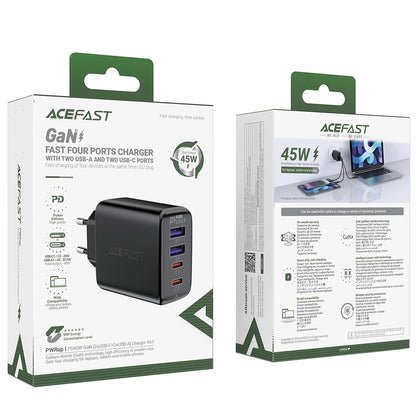Φορτιστής Δικτύου Acefast A61, 45W, 3A, 2 x USB-A - 2 x USB-C, Μαύρο