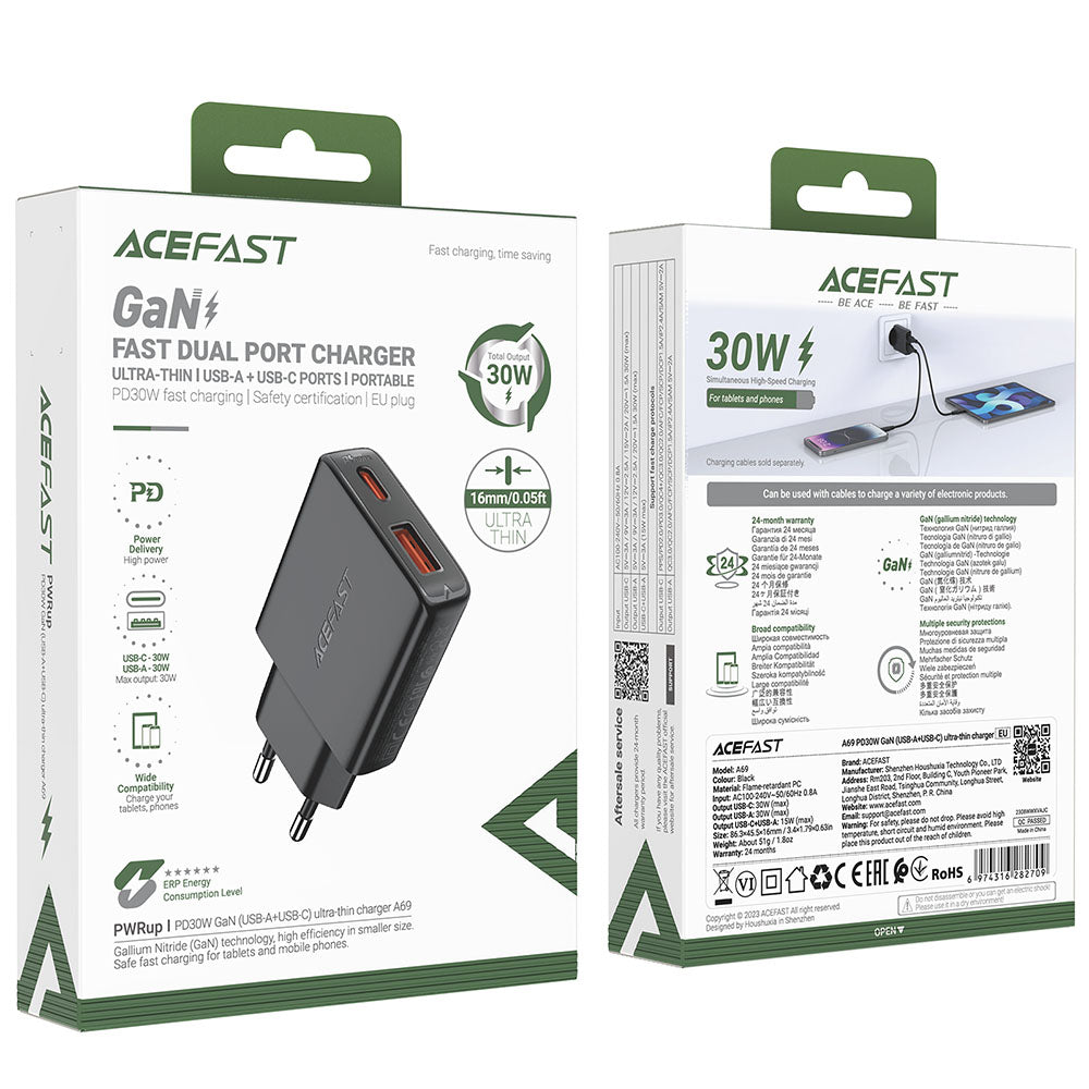 Φορτιστής Δικτύου Acefast A69, 30W, 3A, 1 x USB-A - 1 x USB-C, Μαύρο