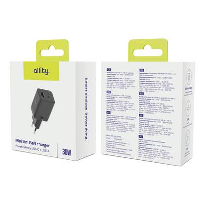 Φορτιστής Δικτύου Allity. ATC-01-30WAC Mini, 30W, 3A, 1 x USB-A - 1 x USB-C, Μαύρο