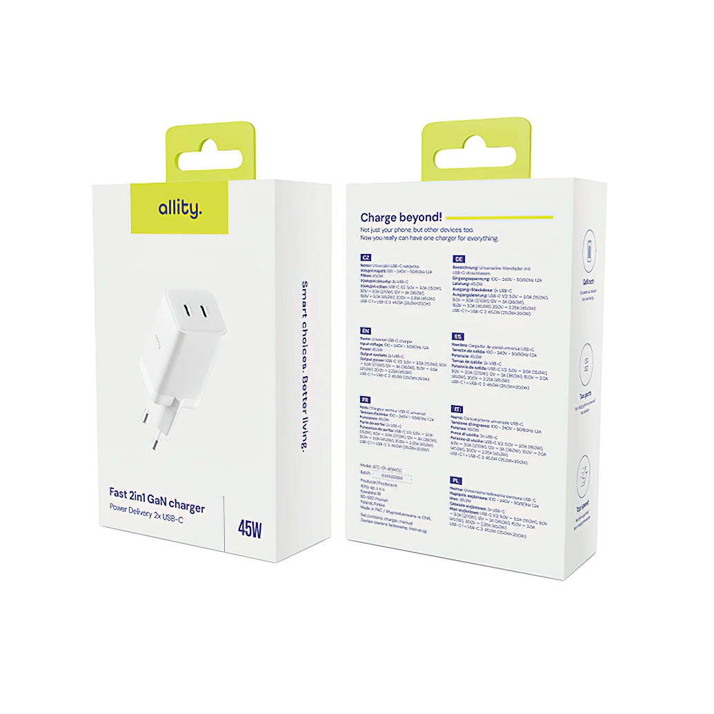 Φορτιστής Δικτύου Allity. ATC-01-45WCC Fast, 45W, 3A, 2 x USB-C, Λευκό