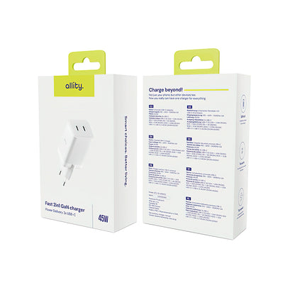 Φορτιστής Δικτύου Allity. ATC-01-45WCC Fast, 45W, 3A, 2 x USB-C, Λευκό