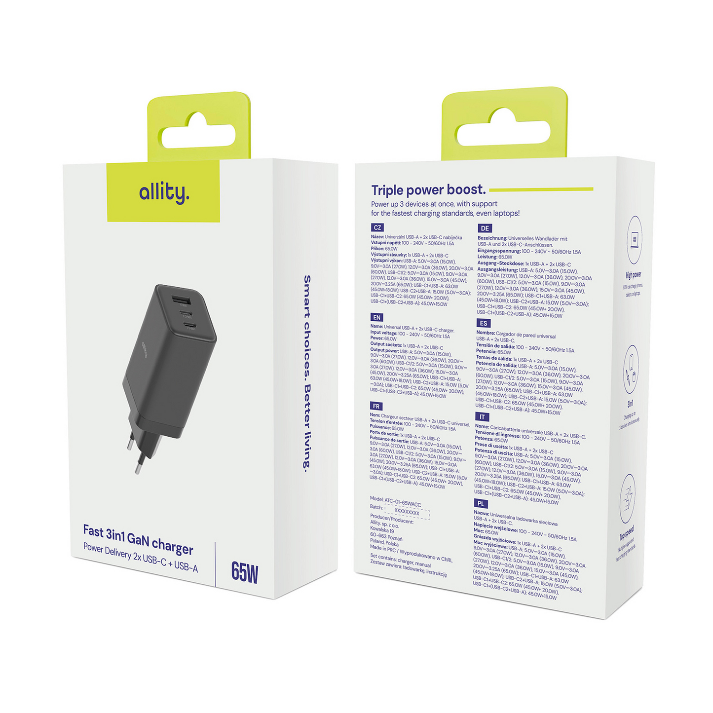 Φορτιστής Δικτύου Allity. ATC-01-65WACC Fast, 65W, 3.25A, 1 x USB-A - 2 x USB-C, Μαύρο