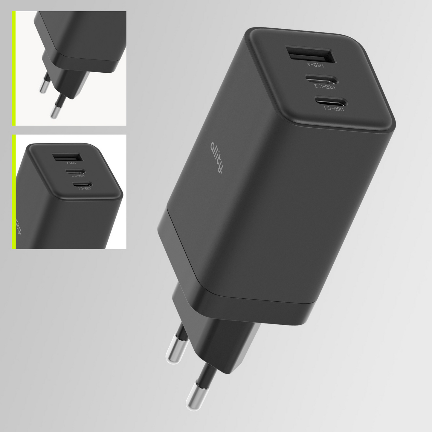 Φορτιστής Δικτύου Allity. ATC-01-65WACC Fast, 65W, 3.25A, 1 x USB-A - 2 x USB-C, Μαύρο