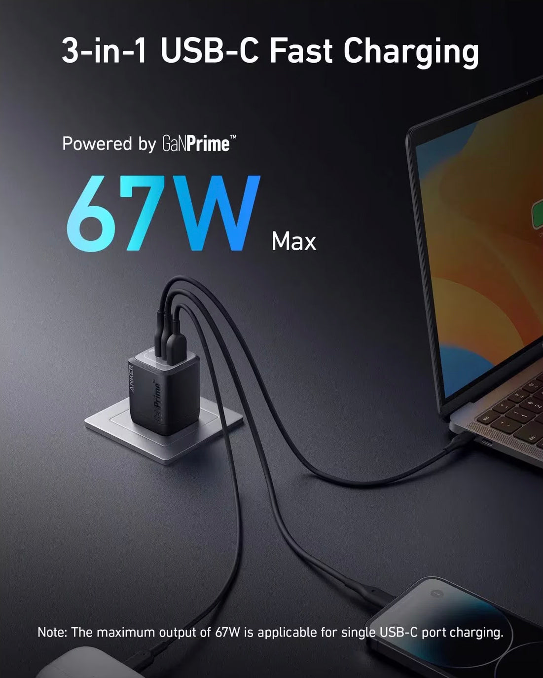 Φορτιστής δικτύου Anker Prime, 67W, 5A, 1 x USB-A - 2 x USB-C, μαύρο A2669313 