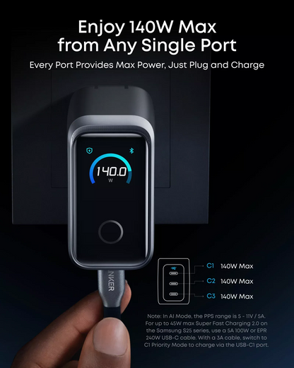 Φορτιστής Δικτύου Anker Prime, 160W, 5.36A, 3 x USB-C, Γκρι A2687341