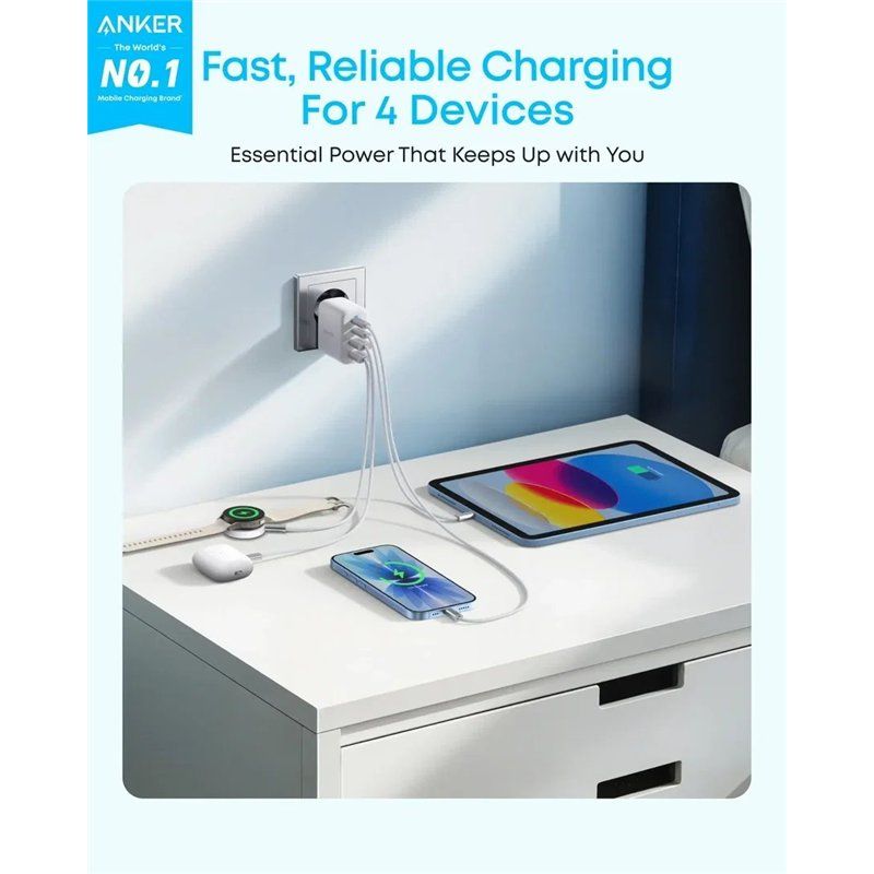 Φορτιστής Δικτύου Anker Zolo, 50W, 3A, 2 x USB-A - 2 x USB-C, Λευκός A121EG21