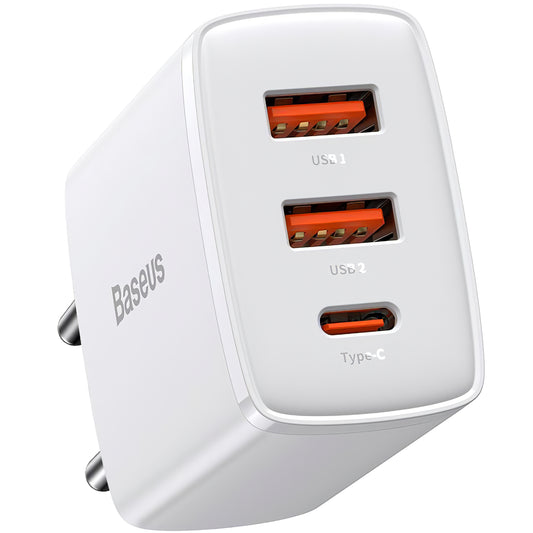 Φορτιστής δικτύου Baseus Compact, 30W, 1 x USB-C - 2 x USB-A, λευκό CCXJ-E02 