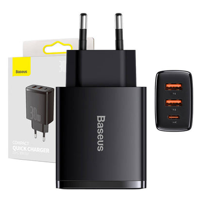 Συμπαγής φορτιστής δικτύου Baseus, 30W, 3A, 1 x USB-C - 2 x USB-A, Μαύρο CCXJ-E01