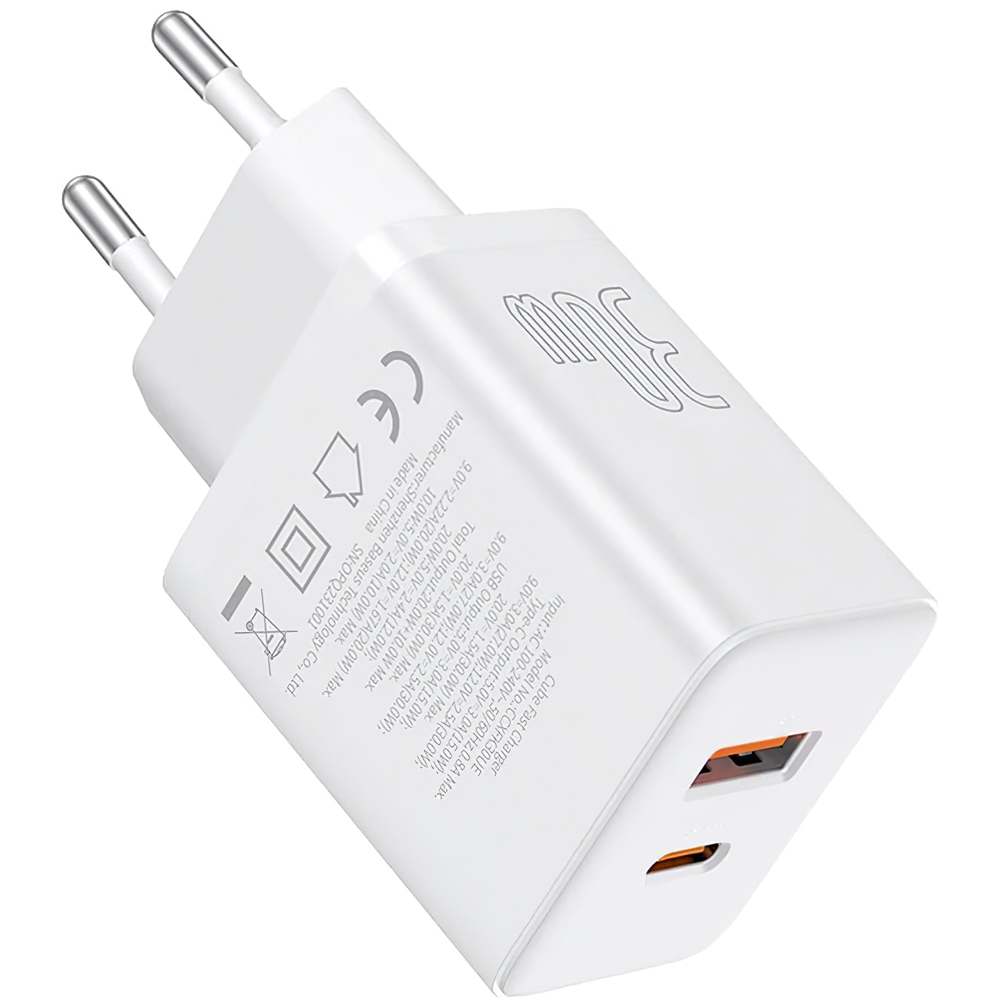 Φορτιστής δικτύου Baseus Cube, 30W, 2.4A, 1 x USB-A - 1 x USB-C, Λευκό P10111404213-00 