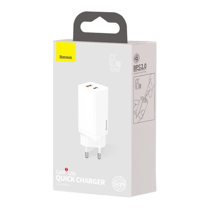 Φορτιστής δικτύου Baseus GaN2 Lite, 65W, 3A, 1 x USB-A - 1 x USB-C, Λευκό CCGAN2L-B02 