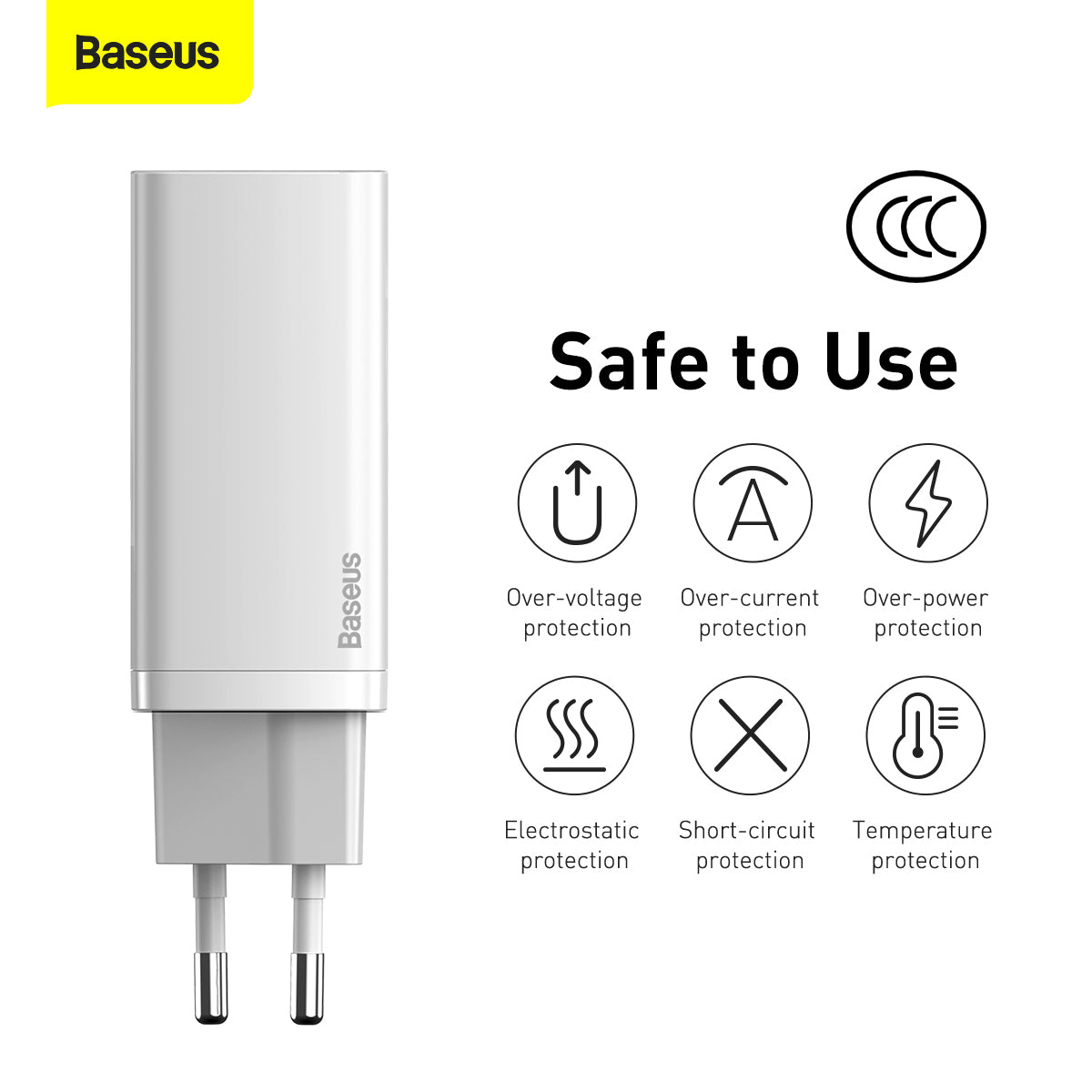 Φορτιστής δικτύου Baseus GaN2 Lite, 65W, 3A, 1 x USB-A - 1 x USB-C, Λευκό CCGAN2L-B02 