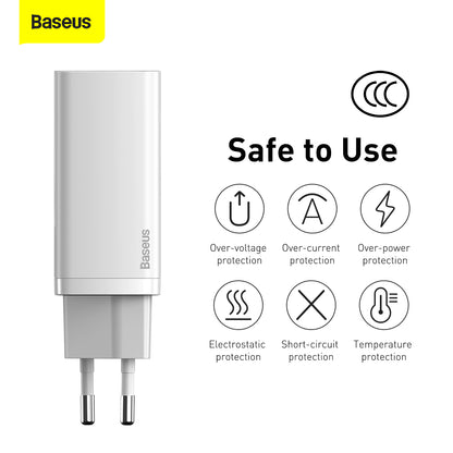 Φορτιστής δικτύου Baseus GaN2 Lite, 65W, 3A, 1 x USB-A - 1 x USB-C, Λευκό CCGAN2L-B02 