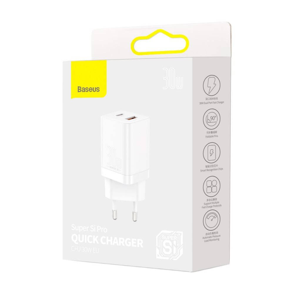 Φορτιστής δικτύου Baseus Super Si Pro, 30W, 3A, 1 x USB-A - 1 x USB-C, λευκό CCSUPP-E02