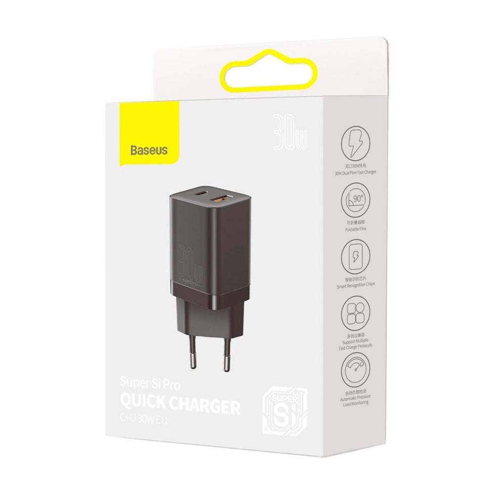 Φορτιστής δικτύου Baseus Super Si Pro, 30W, 3A, 1 x USB-A - 1 x USB-C, Μαύρο CCSUPP-E01