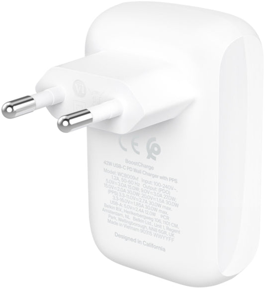 Φορτιστής Δικτύου Belkin BoostCharge Dual, 42W, 3A, 1 x USB-A - 1 x USB-C, Λευκός WCB009vfWH