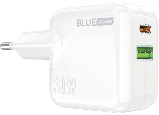 Φορτιστής δικτύου BLUE Power BC111A, 30W, 3A, 1 x USB-A - 1 x USB-C, Λευκό 