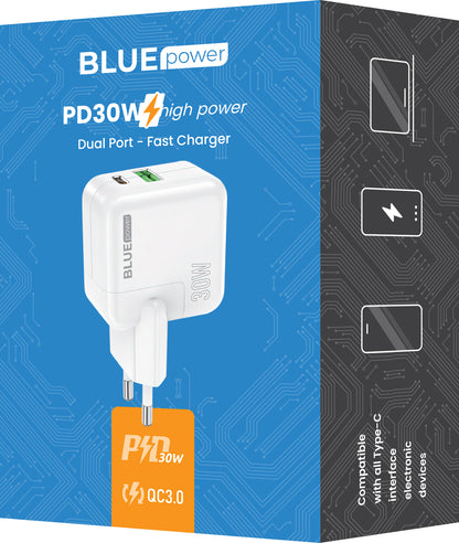 Φορτιστής δικτύου BLUE Power BC111A, 30W, 3A, 1 x USB-A - 1 x USB-C, Λευκό 