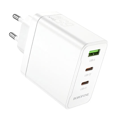 Φορτιστής δικτύου Borofone BN12, 65W, 5A, 1 x USB-A - 2 x USB-C, Λευκό