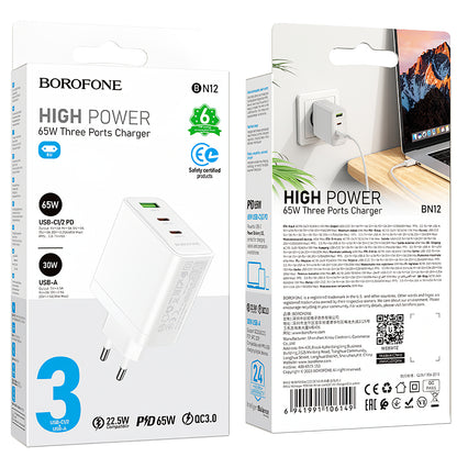 Φορτιστής δικτύου Borofone BN12, 65W, 5A, 1 x USB-A - 2 x USB-C, Λευκό