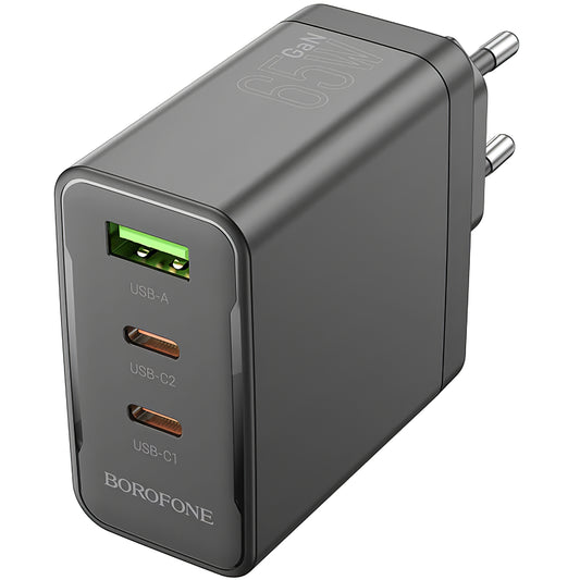 Φορτιστής δικτύου Borofone BN12, 65W, 5A, 1 x USB-A - 2 x USB-C, Μαύρο