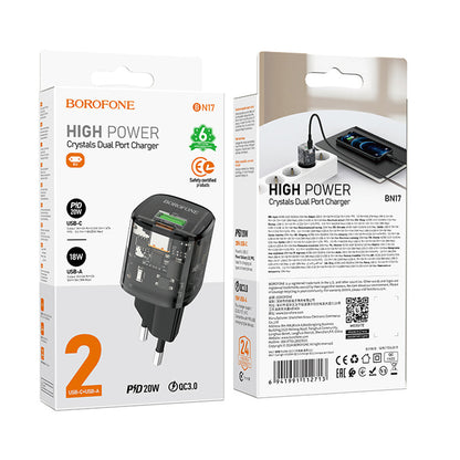 Φορτιστής Δικτύου Borofone BN17 Sunlight, 20W, 3A, 1 x USB-A - 1 x USB-C, Μαύρο