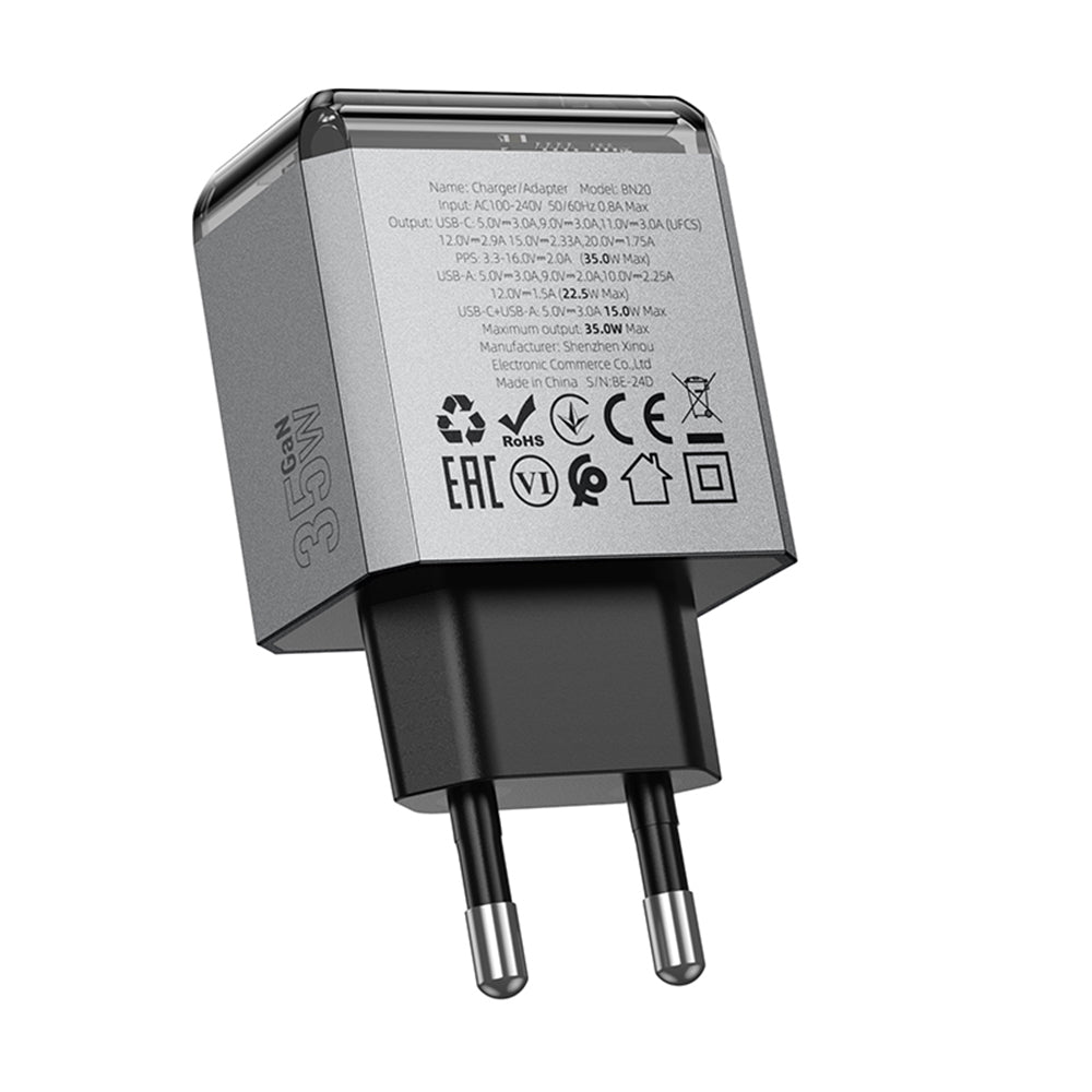 Φορτιστής Δικτύου Borofone BN20 Lena, 35W, 3A, 1 x USB-A - 1 x USB-C, Γκρι