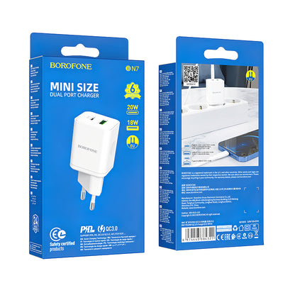 Φορτιστής δικτύου Borofone BN7, 20W, 3A, 1 x USB-A - 1 x USB-C, Λευκό 