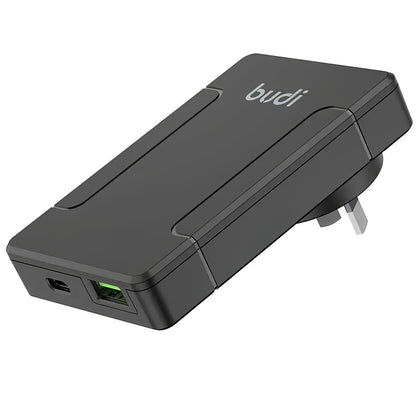 Φορτιστής δικτύου Budi, 65W, 3A, 1 x USB-A - 1 x USB-C, Μαύρος, ανακαινισμένος 