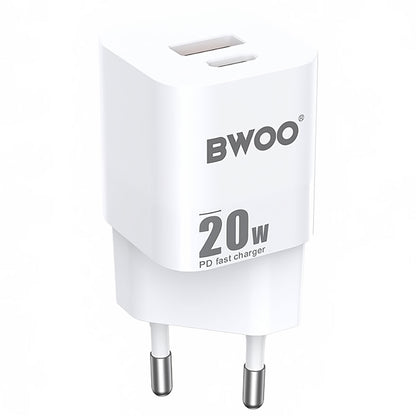 Φορτιστής δικτύου BWOO BO-CDA156, 20W, 3A, 1 x USB-A - 1 x USB-C, Λευκό 