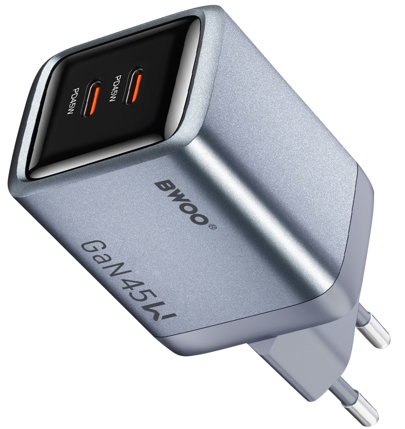 BWOO BO-CDA239 Network Charger, 45W, 3A, 2 x USB-C, Gray