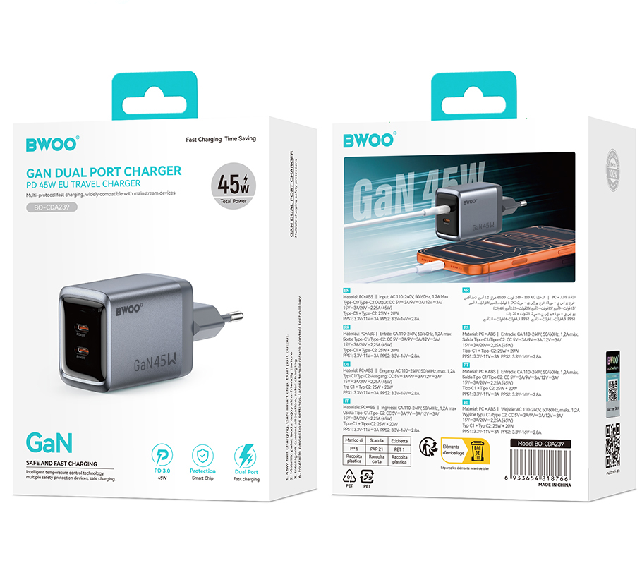 BWOO BO-CDA239 Network Charger, 45W, 3A, 2 x USB-C, Gray