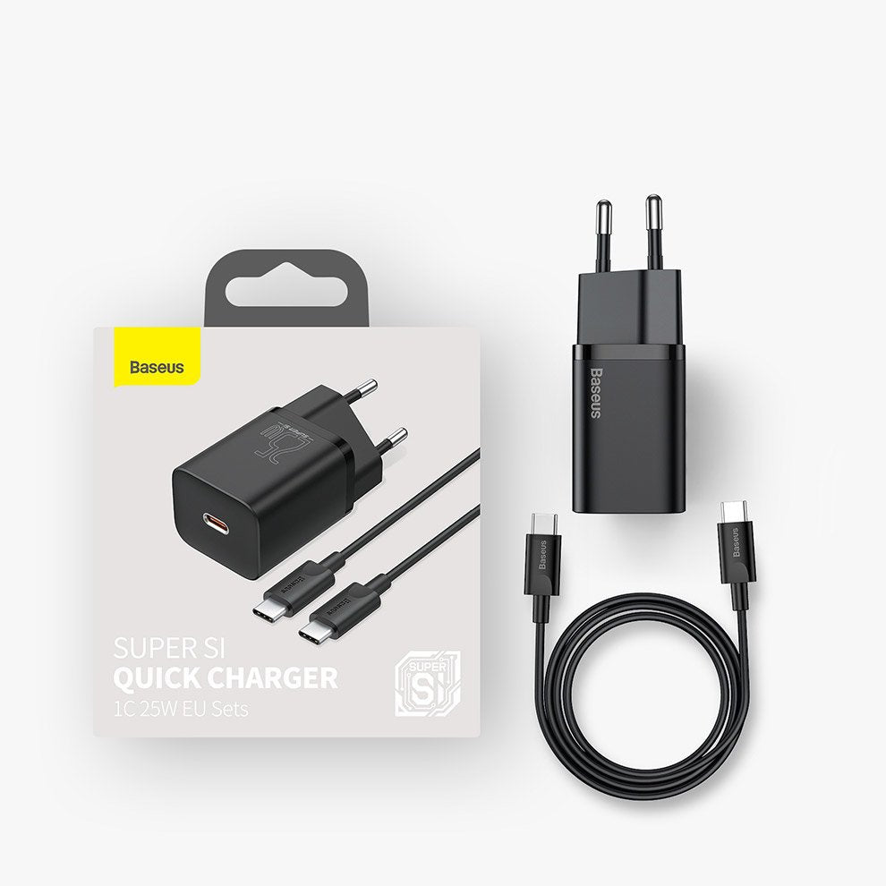 Baseus Super Si φορτιστής δικτύου USB-C με καλώδιο USB-C, 25W, 3A, 1 x USB-C, μαύρο TZCCCSUP-L01 