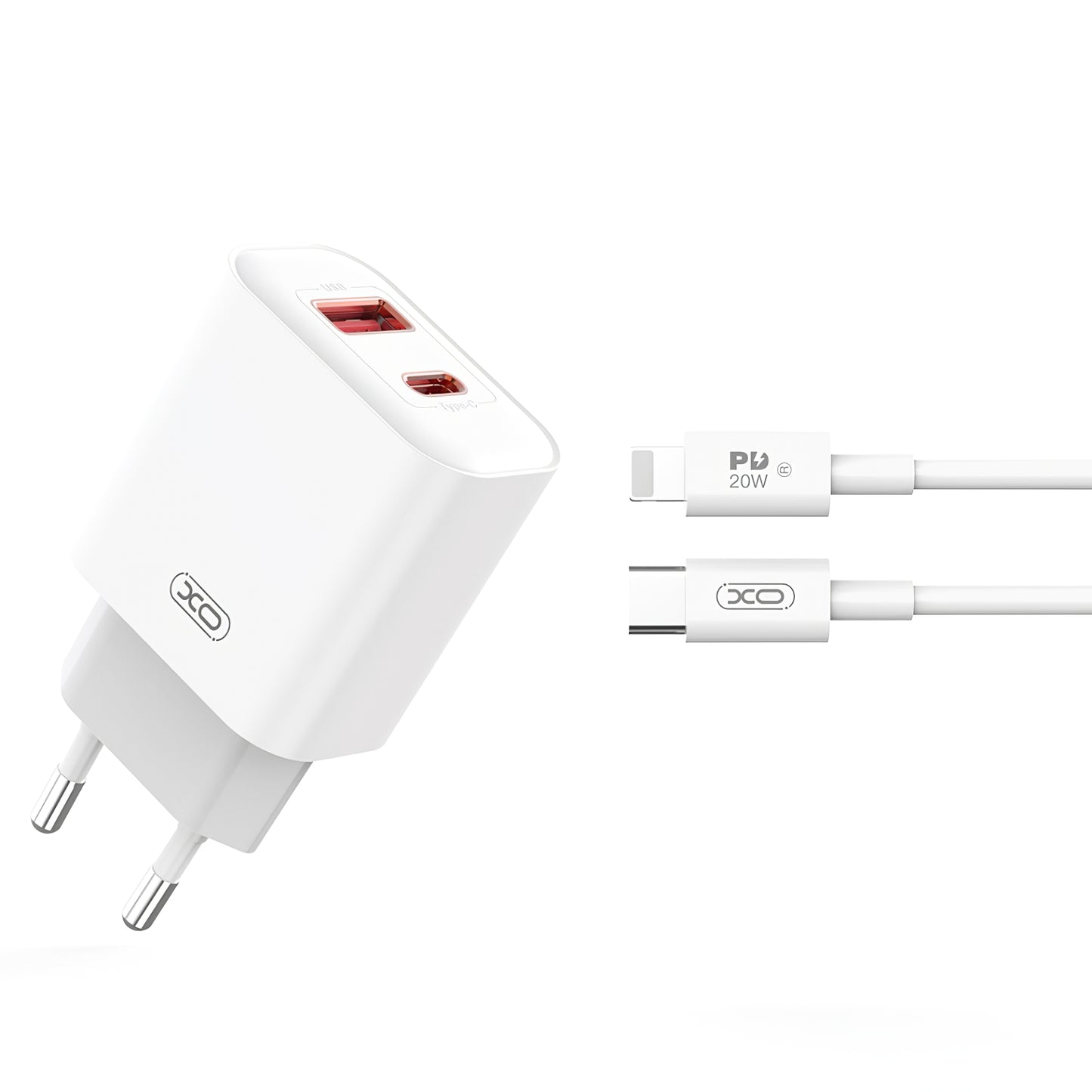 Φορτιστής δικτύου με καλώδιο Lightning XO Design CE12, 20W, 3A, 1 x USB-A - 1 x USB-C, Λευκό 