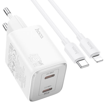 Φορτιστής δικτύου με καλώδιο Lightning HOCO N42, 45W, 3A, 2 x USB-C, λευκό 