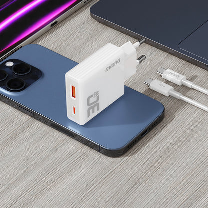 Dudao A30EUT Φορτιστής δικτύου με καλώδιο USB-C, 30W, 3A, 1 x USB-A - 1 x USB-C, Λευκό 