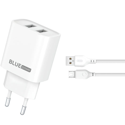 Φορτιστής δικτύου Blue Power BPCE02M με καλώδιο microUSB BPCE02M, 10.5W, 2.1A, 2 x USB-A, Λευκό 