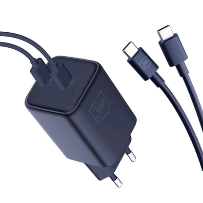 Φορτιστής δικτύου 3MK HyperCharger με καλώδιο USB-C, 45W, 3A, 2 x USB-C, Μαύρο 